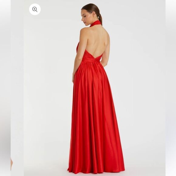 NWT Mac Duggal Red Soft Tie Halter Neck High Slit Gown dress rosette chiffon 0 - Picture 3 of 12